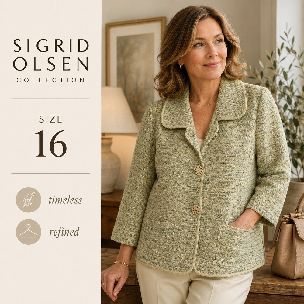 Sigrid Olsen Blazer‎ Womens 16 Sage Green Tweed 3/4 Sleeve Wool Blend Jacket